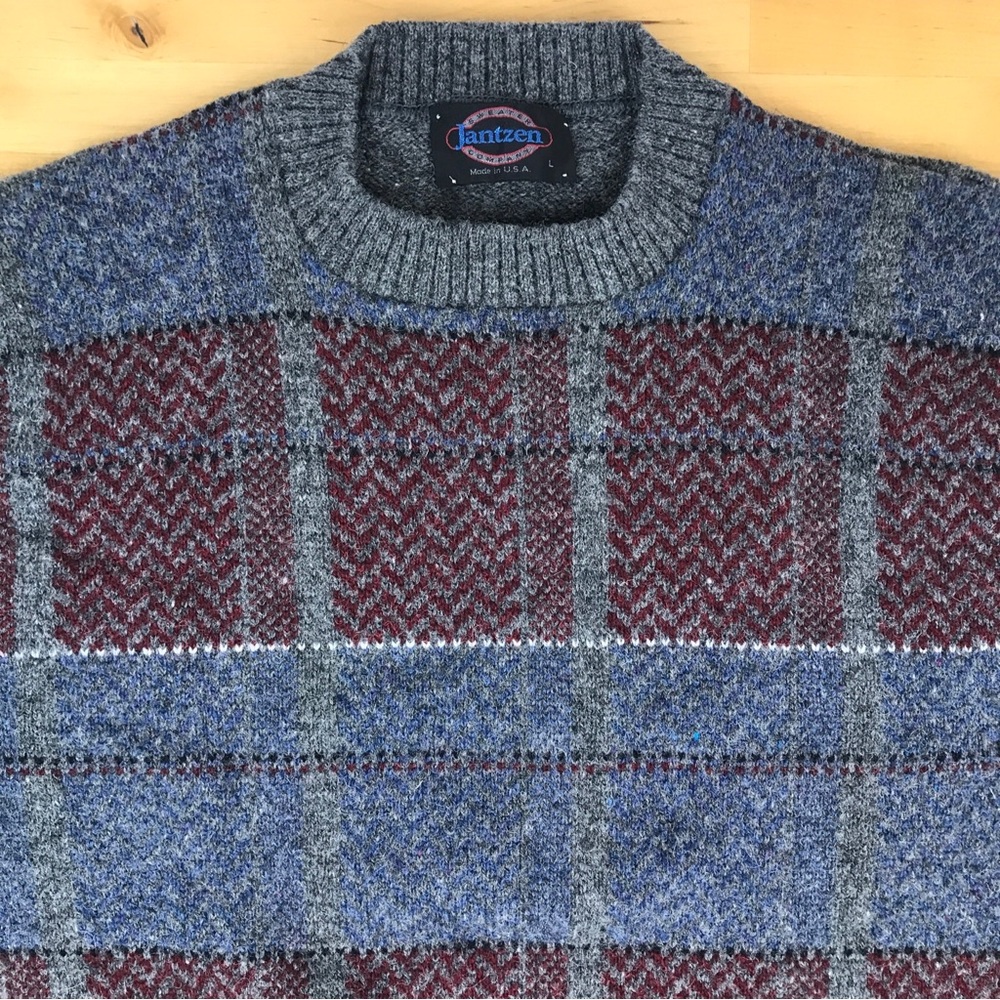 VTG Jantzen Wool Sweater Crewneck Gray Multicolor Made In USA EUC